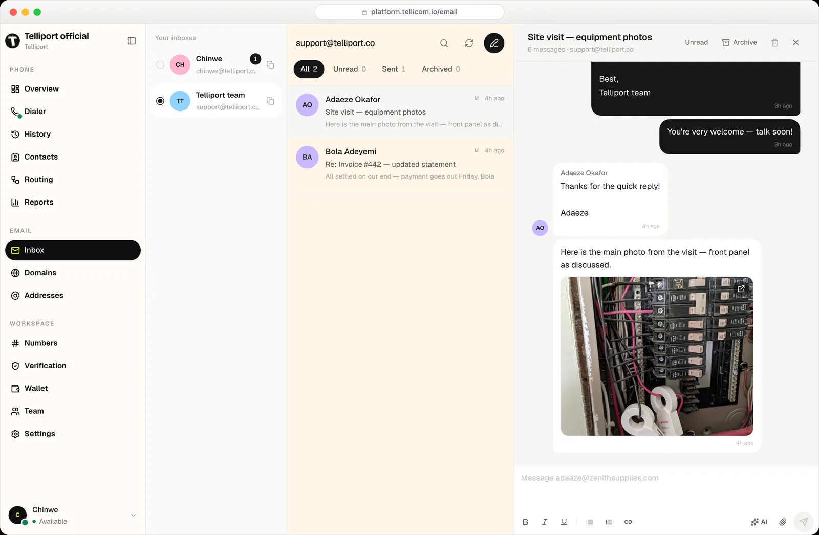 A shared support inbox with a customer thread open
