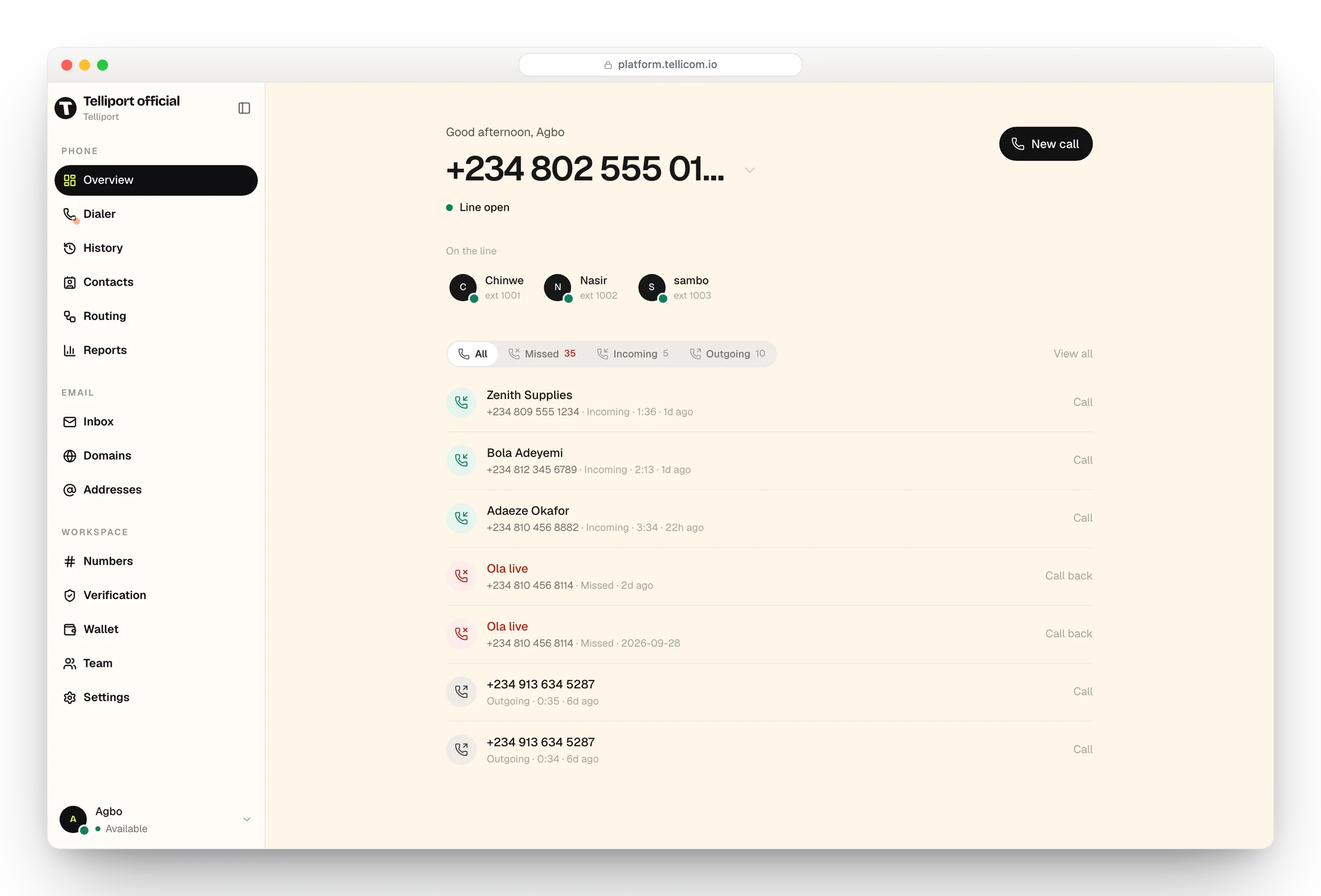 The Tellicom overview screen: the business line, who is on it, and recent calls