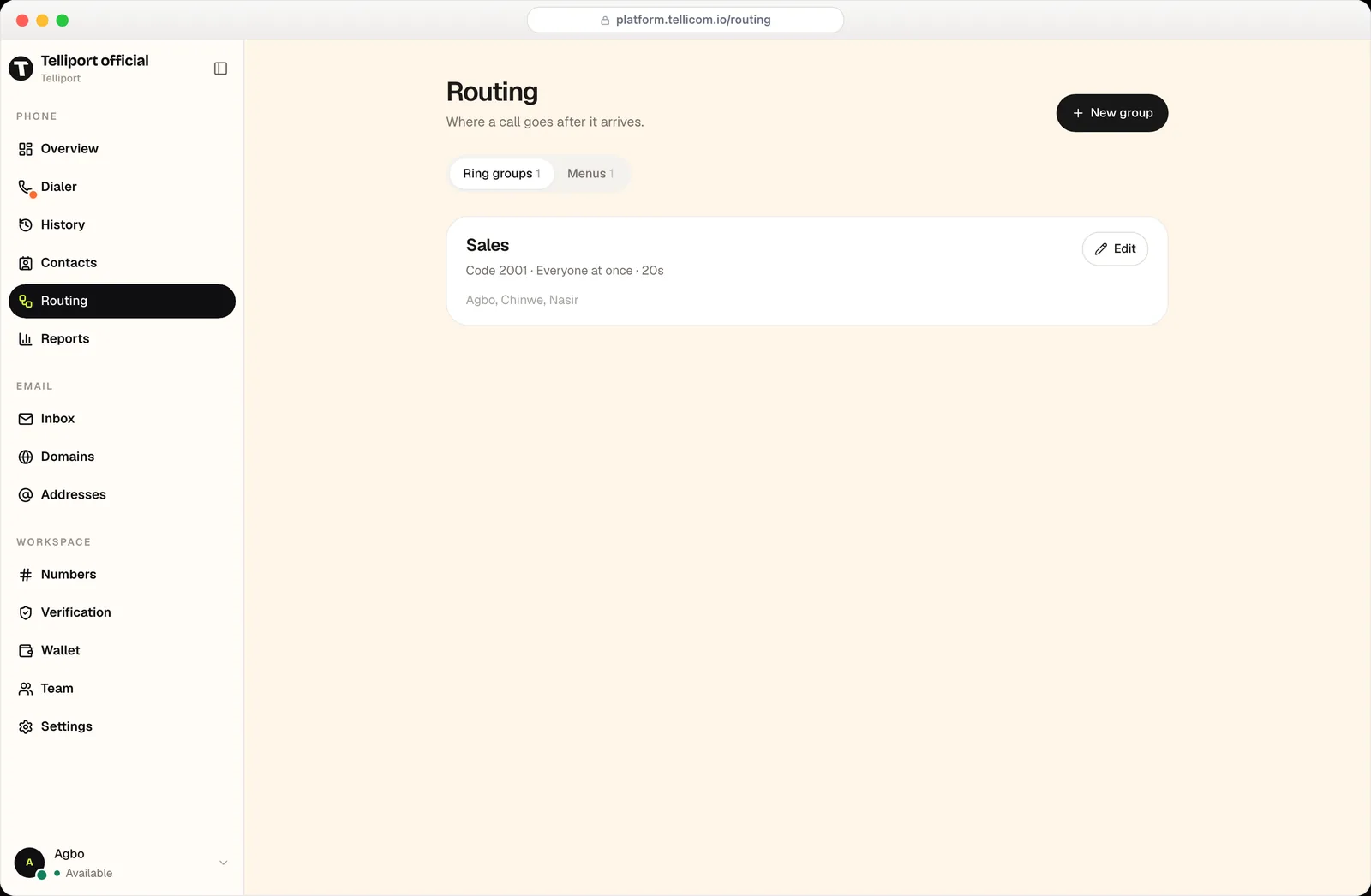 The Routing screen showing a Sales ring group that rings everyone at once