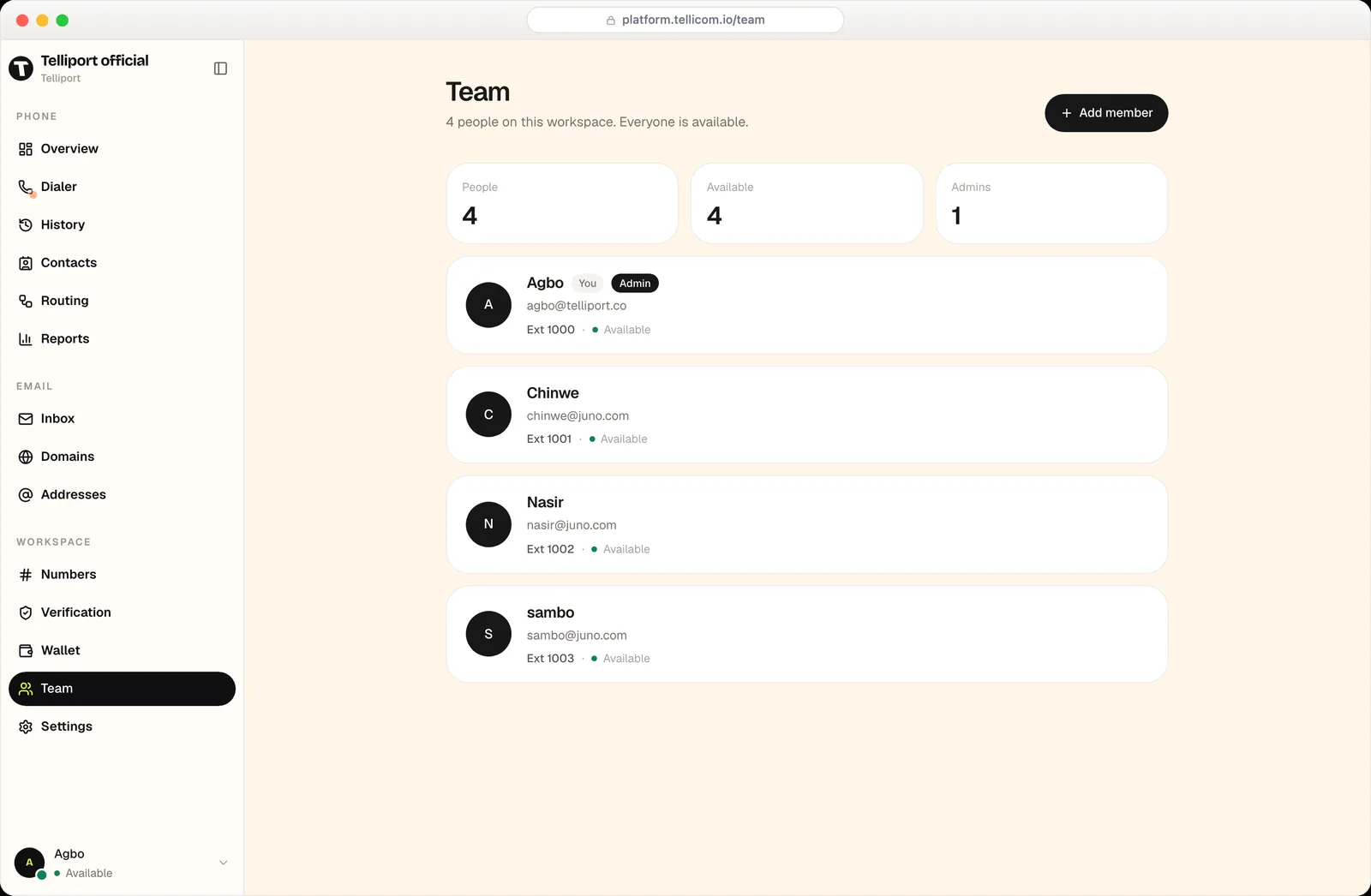 The Team screen showing four teammates with extensions and availability
